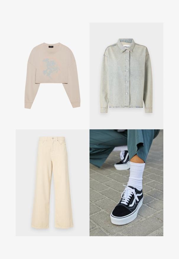 Sweatshirt beige à manches longues, cropped, avec un motif graphique bleu clair d'un cavalier et un texte circulaire autour. Texture douce, coupe décontractée.; Veste en denim bleu clair avec un col, des boutons-pressions à l'avant, des manches longues et une coupe décontractée avec des détails de couture visibles.; Jean large beige en coton. Doté d'une fermeture à bouton, de passants de ceinture et de poches avant avec une texture douce et lisse.; Baskets en suède noir avec des accents et des lacets blancs, présentant une épaisse semelle blanche et des coutures contrastantes, associées à une chaussette blanche.