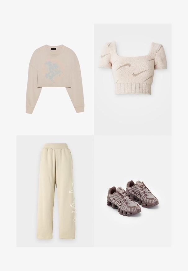 Beige verkürzter Sweatshirt mit langen Ärmeln, der ein hellblaues Grafikmotiv eines Pferdereiters und kreisförmigen Text darum zeigt. Weicher Stoff, lässige Passform.; Kurzes, ärmelloses Oberteil aus weichem, strukturiertem Stoff. Hellrosa Farbe mit braunen, wellenförmigen Mustern. Quadrat-Ausschnitt und gerippter Saum.; Beige Sweatpants mit lockerer Passform, einem elastischen Bund, Seitentaschen und einem weißen grafischen Detail entlang des linken Beins. Aus weichem Baumwollmaterial.; Nike Sportswear SHOX TL - Sneaker low - pumice/night maroon/plum eclipse