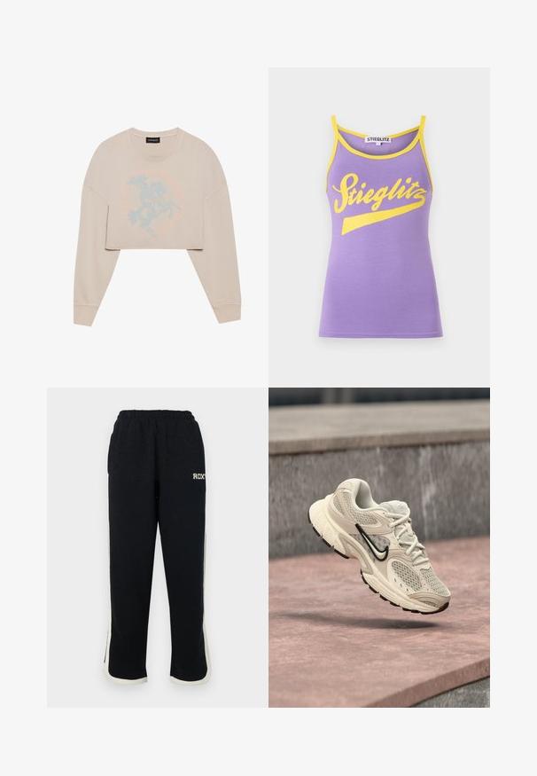 Beige cropped sweatshirt met lange mouwen, voorzien van een lichtblauwe afbeelding van een paardrijder en cirkelvormige tekst eromheen. Zachte textuur, ontspannen pasvorm.; Paarse tanktop met gele bies, voorzien van een groot wit cursief 'Stieglitz' logo. Zachte katoenmaterialen, slim fit ontwerp.; Zwarte sweatpants met een elastische tailleband, witte zijstrepen en een klein logo op de voorkant. Gemaakt van een zachte, textuurstof.; Beige en witte sportschoen met mesh- en suède-details, zwarte Nike-swoosh, zwevend in de lucht boven een roze betonnen oppervlak.