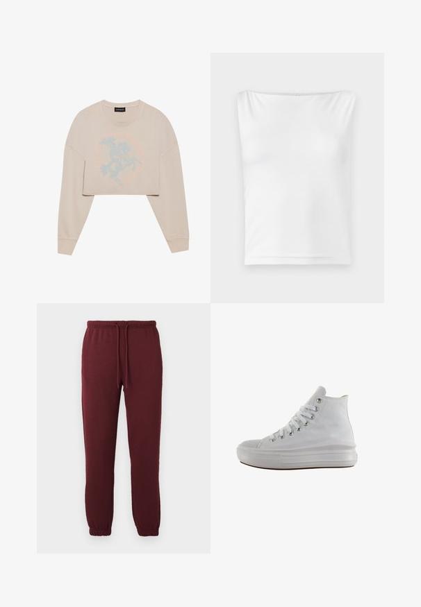 Beige cropped sweatshirt met lange mouwen, voorzien van een lichtblauwe afbeelding van een paardrijder en cirkelvormige tekst eromheen. Zachte textuur, ontspannen pasvorm.; Witte mouwloze top met een rechte halslijn, gemaakt van gladde stof, met een aansluitende pasvorm en zonder zichtbare hardware of patronen.; Bordeaux joggerbroeken met elastische tailleband, trekkoord, zijzakken en elastische boorden op een effen witte achtergrond.; Witte hoge canvas sneaker met witte veters, metalen oogjes, dikke rubberen zool en gestructureerde neuskap, naar links gericht op een witte achtergrond.