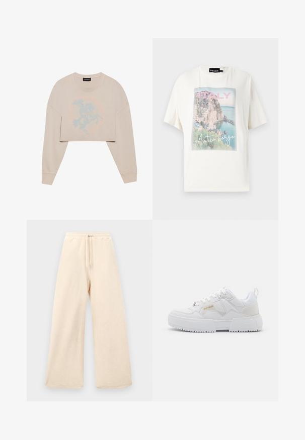 Beige cropped sweatshirt met lange mouwen, voorzien van een lichtblauwe afbeelding van een paardrijder en cirkelvormige tekst eromheen. Zachte textuur, ontspannen pasvorm.; Witte katoenen T-shirt met een kleurrijke grafische print van een Italiaanse kustdorp met de tekst "ITALIË" en "Antico borgo" eronder.; Wijdvallende broek in een lichtbeige kleur, gemaakt van een textuurstof. Beschikt over een elastische tailleband met een trekkoord. Eenvoudig, ongecompliceerd ontwerp.; Witte sneakers met een chunky ontwerp, gemaakt van leren en synthetische materialen, met textuurovereenkomsten, veters en een prominent logo in goud.
