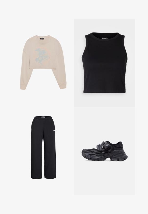 Beige cropped sweatshirt med lange ærmer, der har et lyseblåt grafisk motiv af en hesterider og cirkulær tekst omkring. Blød tekstur, afslappet pasform.; Sort ribbet crop tank top med rund halsudskæring og ærmeløs design. Fremstillet af blødt, strækbart stof, med rene kantede kanter.; Sorte sweatpants med lige ben, elastisk talje og lille hvidt logo på øvre lår, designet til afslappet brug.; Kraftig sort sneaker med ventileret mesh og læderoverdel, justerbare velcrolukninger, tyk tekstureret sål og mærket logo på siden.