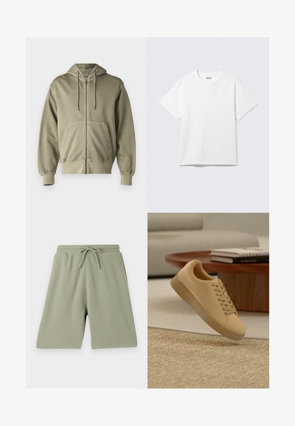 Sudadera de cierre con cremallera en un verde oliva claro, con capucha ajustable, bolsillos frontales, puños y dobladillo acanalados. Fabricada con una suave tela texturizada.; Camiseta blanca de manga corta con cuello redondo, colocada plana, diseño liso, con etiqueta "WEEKDAY" en el interior del cuello sobre un fondo claro.; Pantalones cortos verde claro hechos de una tela texturizada con cintura elástica y cordón. Corte recto y diseño hasta la rodilla.; Zapatilla beige con cordones flotando sobre una alfombra texturizada con una mesa de café de madera y libros apilados en un fondo desenfocado.