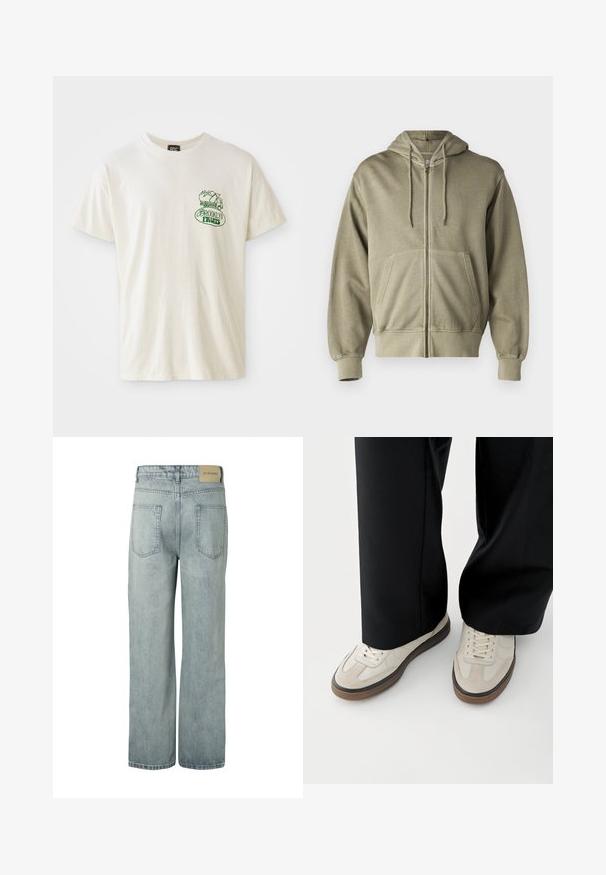 Licht olijfgroene zip-up hoodie met een trekkoordkap, voorzakken, geribbelde manchetten en onderkant. Gemaakt van zachte, gestructureerde stof.; Korte mouwen crème t-shirt van katoen. Voorzien van een groene "Brooklyn Fruits" graphic met een mand vol producten en een klein vrachtwagenontwerp.; Lichtblauwe rechte jeans met twee achterzakken en een beige merkpatch op de tailleband.; Voeten met beige sneakers met bruine zolen en zwarte wijde broekspijpen op een witte achtergrond.
