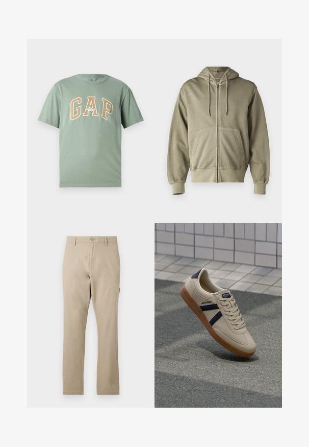 Helle olivengrüne Zip-Hoodie mit einer Kordelzugkapuze, Fronttaschen, gerippten Bündchen und Saum. Hergestellt aus weichem, strukturiertem Stoff.; Grünes Baumwoll-T-Shirt mit einem großen weißen und beigen "GAP"-Logo. Kurze Ärmel und ein runder Ausschnitt mit glatter Textur.; Beige Baumwollhose mit geradem Bein, ausgestattet mit einem vorderen Knopfverschluss und subtilen Nähdetails. Glatte Textur, keine Muster.; Beige Sneaker mit strukturierter Oberfläche, dunkelblauen Streifen und Gummisohle. Verfügt über eine gepolsterte Zunge und ein traditionelles Schnürsystem für einen sicheren Sitz.