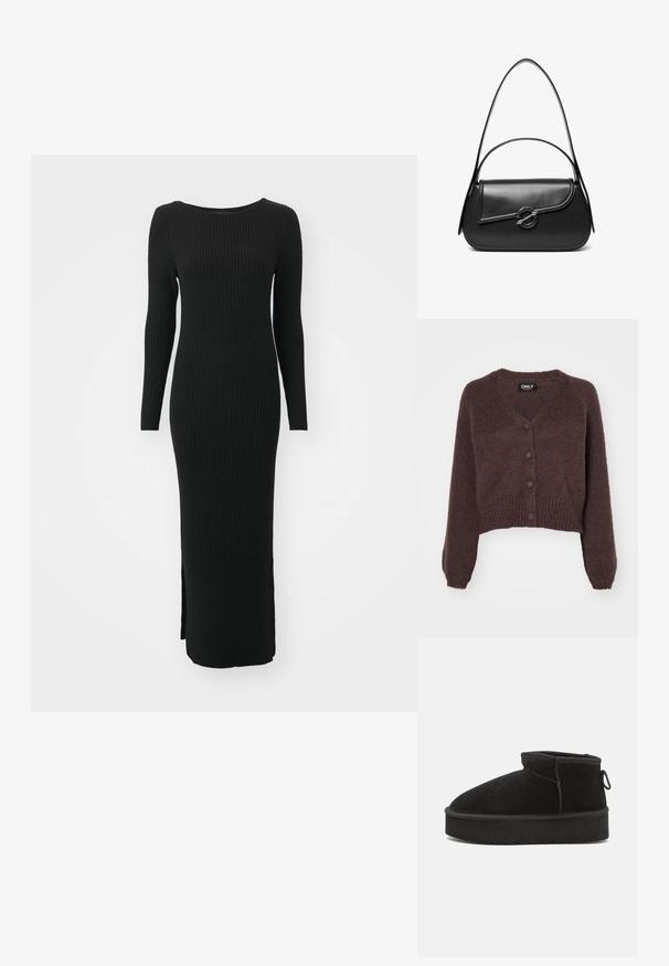 Brun strikket cropped cardigan med V-udskæring, seks knapper foran og ribbede manchetter og kant. Blød tekstur med løs pasform.; Lang sort ribbet kjole med et tætsiddende design, rund halsudskæring og lange ærmer. Har en sideslids i bunden for nem bevægelse.; Sorte ruskinds ankelstøvler med en rund tå, der har en forhøjet sål og en sidesløjfe for nem påtagning. Designet er enkelt med minimale detaljer.; Sort skuldertaske i læder med en buet klap, der er fastgjort med en rund metal spænde, og en slank, justerbar rem.