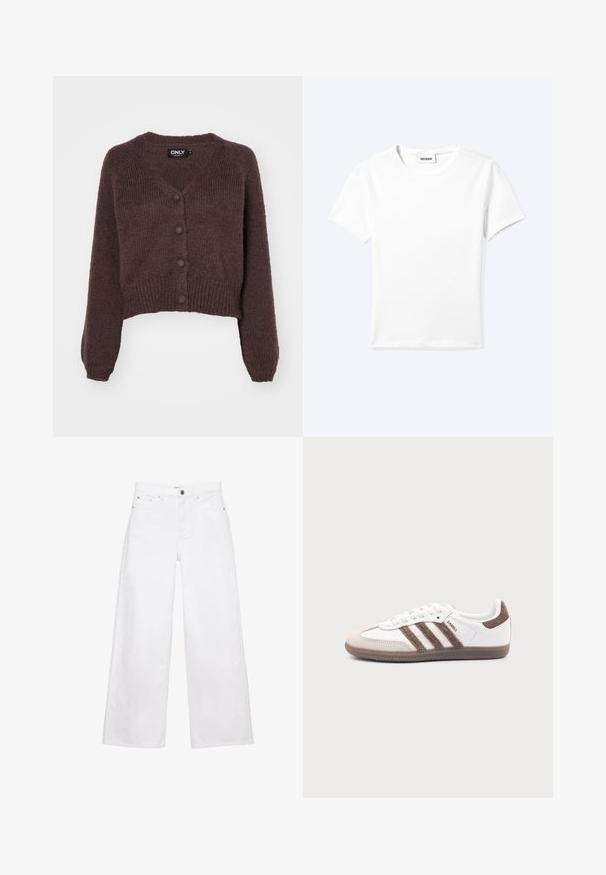 Gilet cropped en tricot marron avec un col en V, six boutons sur le devant et des poignets et un ourlet côtelés. Texture douce avec une coupe ample.; T-shirt blanc uni à manches courtes et col rond avec une petite étiquette "WEEKDAY" à l'intérieur de l'encolure, présenté à plat sur un fond clair.; Jean blanc à jambes larges en denim, doté de poches avant, d'une fermeture par bouton et d'une coupe droite. Aucun motif ou ornement visible.; Baskets Adidas Samba blanches avec des bandes en daim marron, semelle en caoutchouc marron et bout en daim beige, vues du côté extérieur sur un fond uni.