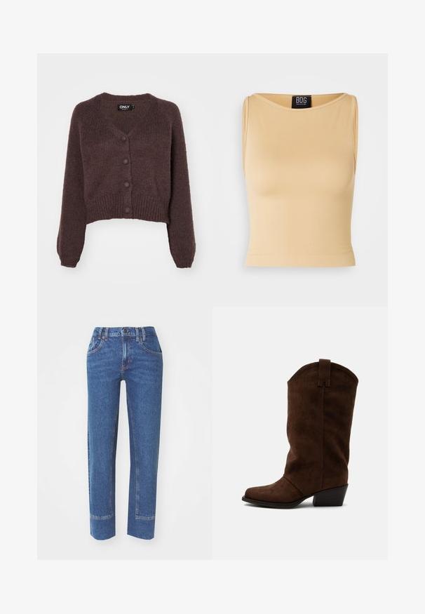 Ruskea neulottu lyhyt neuletakki, jossa on V-pääntie, kuusi nappia edessä, sekä resorit hihoissa ja helmassa. Pehmeä rakenne ja väljä istuvuus.; Beige, ribbatutusta sleeveless crop top, jossa on pyöreä kaula-aukko ja istuva siluetti. Materiaali näyttää sileältä ja joustavalta. Merkki näkyy kaula-aukossa.; Siniset farkut suoran leikkauksen kanssa, viisi taskua ja erottuvat ompeluyksityiskohdat. Kangas on hieman teksturoitua ja klassisen viimeistelyn omaavaa.; Ruskea mokkanahkainen cowboy-saapas puoliväliä sääreen, matalalla pinoskorolla ja vetoläpällä yksinkertaisella vaalealla taustalla.