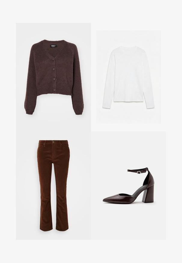Bruine gebreide cropped cardigan met een V-hals, zes knopen aan de voorkant en geribde mouwen en onderkant. Zachte textuur met een losse pasvorm.; Effen wit, langarmig shirt met ronde hals, plat neerligt op een witte ondergrond, waarbij de voorkant en de volledige mouwlengte zichtbaar zijn.; Bruine fluwelen flared broek met een gladde textuur, voorzien van een rits en knoopsluiting, en een standaard vijf-pocket ontwerp.; Donkerbruine leren pumps met puntige neus, hoge hak, enkelbandje en zilveren gesp op een witte achtergrond.