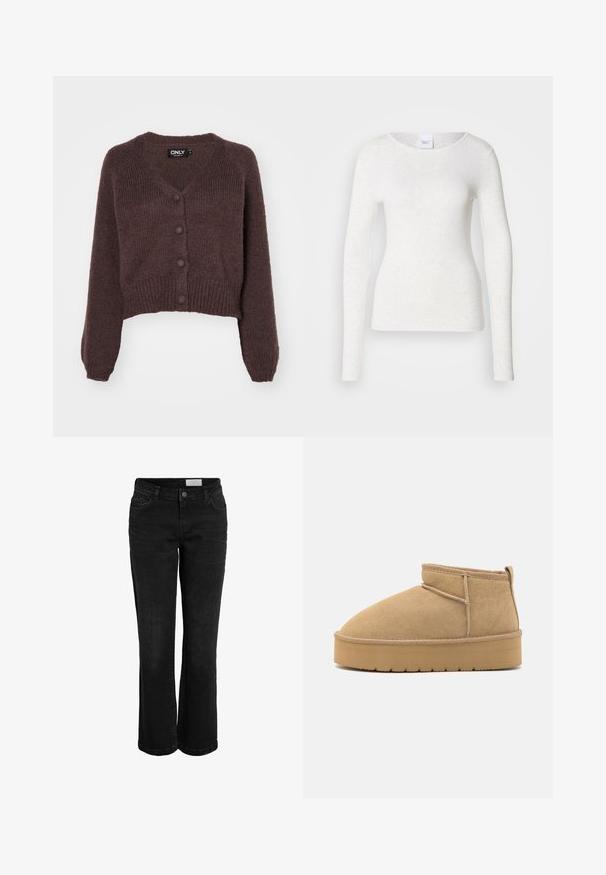 Bruine gebreide cropped cardigan met een V-hals, zes knopen aan de voorkant en geribde mouwen en onderkant. Zachte textuur met een losse pasvorm.; Wit T-shirt met lange mouwen van een zachte, lichtgewicht stof, met een ronde halslijn en een aansluitende pasvorm, met een subtiele textuur.; Zwarte denim jeans met een geplooide vorm, vijf pocketontwerp en een knoopsluiting. Heeft subtiele stikdetails en een klassieke tailleband.; Beige suède enkellaarzen met een ronde neus, minimale stiksels en een lichtbruine rubberen zool met een getextureerd patroon.