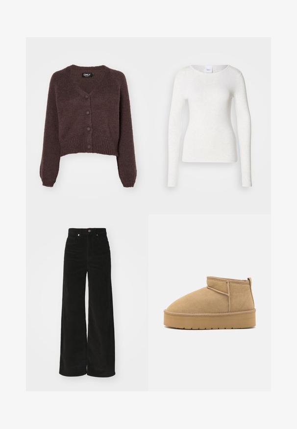 Bruine gebreide cropped cardigan met een V-hals, zes knopen aan de voorkant en geribde mouwen en onderkant. Zachte textuur met een losse pasvorm.; Wit T-shirt met lange mouwen van een zachte, lichtgewicht stof, met een ronde halslijn en een aansluitende pasvorm, met een subtiele textuur.; Zwarte corduroy wijde broek met een hoge taille, voorzien van twee voorkruimels en een metalen knoopsluiting. Textiel met verticale ribbels.; Beige suède enkellaarzen met een ronde neus, minimale stiksels en een lichtbruine rubberen zool met een getextureerd patroon.