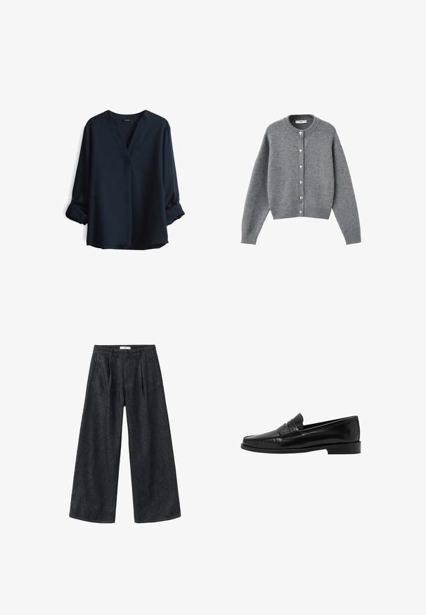 Grijze wollen cardigan met een ronde hals, negen parelknopen langs de voorkant, verlaagde schouders en geribde zoom en manchetten.; Navyblauwe blouse met lange mouwen, een V-hals en oprollende knopenmanchetten. Gemaakt van lichtgewicht stof met een relaxte pasvorm.; Donkerdenim wijduitlopende broeken met plooien, een hoge taille en een klassieke snit. Bevat een schone afwerking aan de zoom en minimale stikseldetails.; Mango Instappers - black