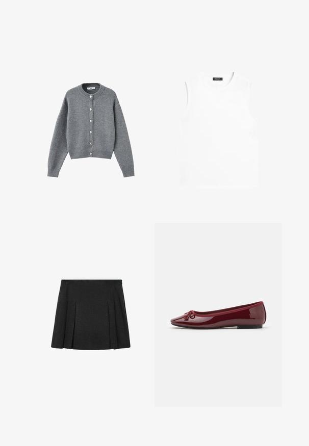 Cardigan en laine grise avec un col rond, neuf boutons en perles sur le devant, épaules tombantes et bords-côtes au bas et aux poignets.; T-shirt blanc sans manches à col rond avec une étiquette noire Massimo Dutti à l’intérieur du col sur fond blanc.; Jupe mini plissée noire avec une texture lisse, dotée d'une taille et de plis régulièrement espacés qui créent une silhouette évasée.; Ballerines en cuir verni bordeaux brillant, avec un bout arrondi, un nœud décoratif et une semelle noire basse.