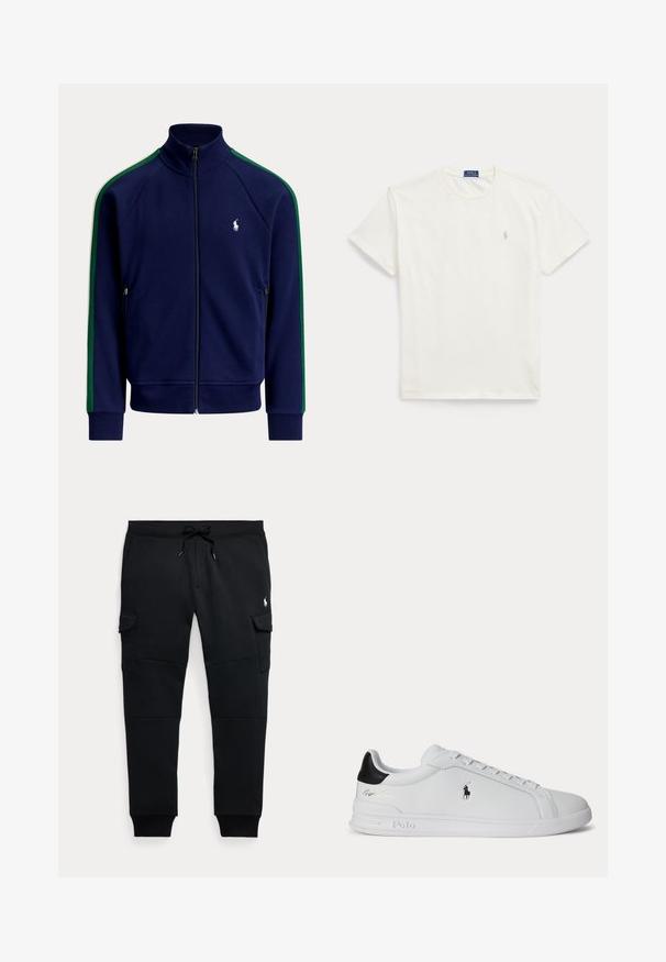 Marineblå trackjakke med lynlås med grønne striber på ærmerne og hvid polo spiller logo på venstre bryst.; Hvid kortærmet t-shirt med rund hals og lille lys beige Polo Ralph Lauren-logo på venstre bryst.; Sorte cargo joggebukser med snøre i taljen, sidelommer med klap, ribkantsmanchetter og lille hvid polo spiller logo på højre lår.; Hvid lavtop sneaker med sort hælfane, snørebånd og Polo Ralph Lauren-logo på siden, med præget såldetaljer.