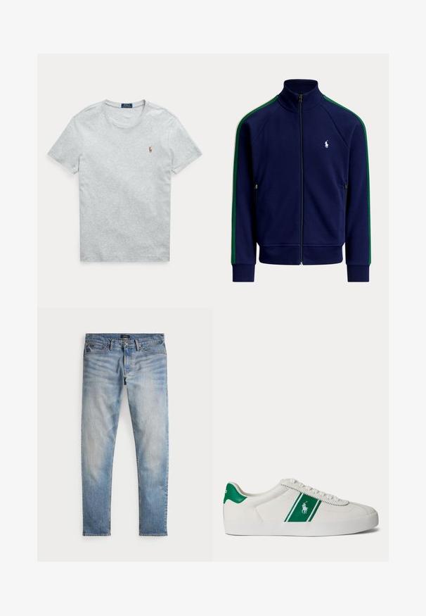 Marineblå trackjakke med lynlås med grønne striber på ærmerne og hvid polo spiller logo på venstre bryst.; Lysegrå t-shirt med korte ærmer og rund hals med lille broderet Polo Ralph Lauren-logo på venstre bryst.; Lys blå denimjeans med en falmet finish, fem-lomme design og kontraststing. Har lynlås og bæltesløjfer. Lige pasform.; Hvid low-top sneaker med grøn stribe og Polo-logo på siden, grøn hæl-flik og hvide snørebånd, vist fra venstre side på ensfarvet baggrund.