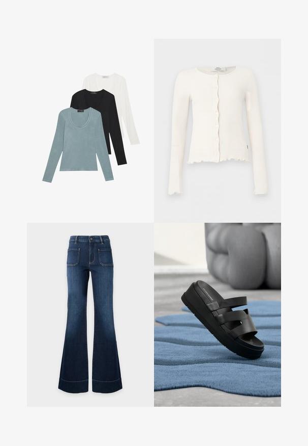 Hvid ribstrikket cardigan med lange ærmer, bølgede kanter og knapper foran, vist mod en ensfarvet lys baggrund.; Tre langærmede toppe i lys blå, sort og hvid. Designet har en rund udskæring og en blød, let stoftekstur.; Mørkeblå denimjeans med høj talje, brede vidde ben, to store foran lommer og knaplukning i taljen.; Sort platform-sandale med tre remme, der hviler på et bølget, blåt tæppe indendørs nær en sløret, rund sofa.