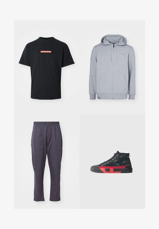 Red Bull Racing x Pepe Jeans RED BULL RACING ZIP LOGO HOODY - Mikina so zipsom - marl grey; Čierne tričko s krátkym rukávom so malým červeným a bielym logom Quiksilver umiestneným na strednej časti hrudníka, zobrazené na hladkom bielom pozadí.; Tmavo šedé, ľahké nohavice s elastickým pásom, dvoma prednými vreckami, rovný strih a hladká textúra.; Čierne vysoké tenisky s červenými akcentmi a opotrebovaným vzhľadom. Majú textilný plášť s textúrou a gumovú podrážku s výrezovým dizajnom.