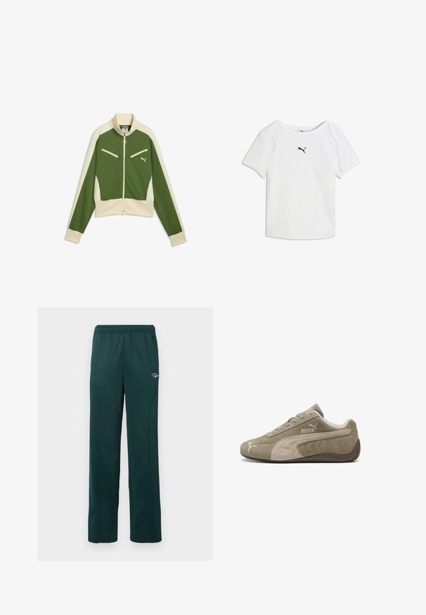 Chaqueta verde y beige con cremallera, manga larga, cuello alto, bolsillos delanteros con cremallera y logo de Puma en el pecho.; Camiseta blanca acanalada de manga corta con escote redondo y un pequeño logo negro de Puma en el centro del pecho.; Pantalones de chándal verde oscuro hechos de una tela suave, con una cintura elástica y costuras laterales, y un pequeño logo en la parte delantera.; Zapatillas de ante en marrón claro con acentos más oscuros, con un diseño de perfil bajo, cierre con cordones y logo de la marca en el lateral.