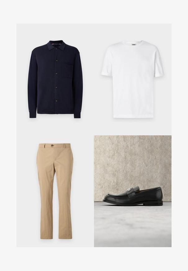 Chemise bleu marine à manches longues avec col et poche poitrine, poignets côtelés et logo discrètement brodé sur les poignets.; T-shirt en coton blanc avec un col rond, des manches courtes et des revers roulés ; design sobre, texture douce et coupe droite.; Pantalon en coton beige avec une coupe droite, doté d'une fermeture à bouton, de passants de ceinture et d'une texture lisse. Pas de motifs visibles.; Mocassin en cuir noir avec une plaque de marque en métal reposant près d'une table ronde marron sur un sol recouvert de moquette beige.