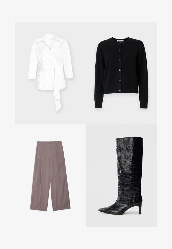 Sort cardigan lavet af blødt stof, med rund halsudskæring, lange ærmer og seks knaplukninger foran. Simpelt design, ingen mønstre.; Hvid slå-om-skjorte med en krave, trekvartlange ærmer og et bindebånd i taljen. Fremstillet af glat stof med en struktureret pasform.; Bukser med vide ben i sart lilla farve med læg, bæltestropper og skjult forlukning foran, lagt fladt på en hvid baggrund.; Sorte knæhøje støvler med en blank, krokodillemønstret tekstur, spids tå og en affaset hæl. Glat syntetisk materiale.