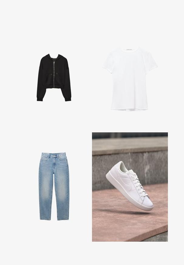 Sort cropped hoodie lavet af blødt stof, med fuld lynlås, snoretræk til hætten og forlommer med løse, brede ærmer.; Hvid kortærmet t-shirt lavet af glat stof, med rund halsudskæring og diskrete syninger ved kanten.; Lyseblå, lige cowboybukser med frontknap, lynlås og fem lommer, vist på en hvid baggrund.; Hvid Nike lavtop sneaker med snørebånd ophængt over en betonhylde mod en grå stens baggrund udendørs.