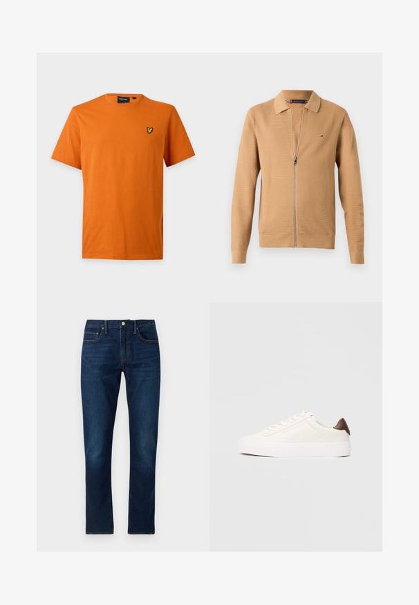 Cardigan zippé beige avec un tricot texturé, un col et de longues manches. Présente un logo sur la poitrine gauche et une fermeture éclair lisse.; T-shirt orange en coton à manches courtes avec col rond et petit logo oiseau jaune sur la poitrine gauche.; Jeans en denim bleu foncé avec une coupe droite. Les caractéristiques incluent des coutures contrastées, cinq poches et une fermeture à bouton à l'avant.; Baskets basses blanches avec un design à lacets et une languette marron au talon sur un fond clair uni.
