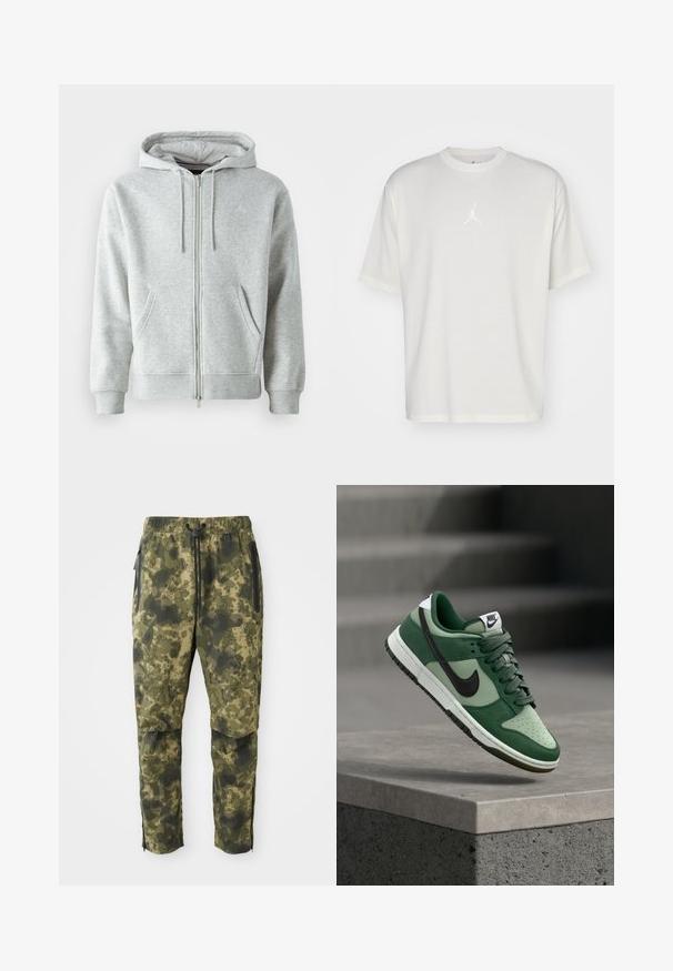 Grå zip-up hættetrøje med snørebånd i hætten, der har sidelommer, ribbede manchetter og et diskret logo på brystet. Blød stoftekstur.; Hvid bomulds t-shirt med rund halsudskæring, korte ærmer og et lille broderet logo i midten. Løst fit design med minimal syning.; Kamuflagebukser i forskellige nuancer af grøn med et digitalt mønster. Har elastisk talje, snor og sidelommer med lynlås.; Grønne Nike Dunk-sneaks har et design i læder og ruskind, sort Swoosh, hvide accenter, perforeret tåboks og gummiydersål.