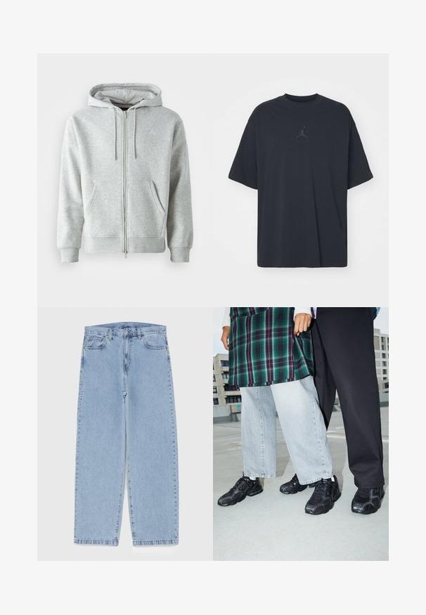 Sudadera con cremallera gris, con capucha ajustable, que cuenta con bolsillos laterales, puños acanalados y un logo sutil en el pecho. Textura de tela suave.; Camiseta de algodón negra con un corte holgado, cuello redondo, mangas cortas, que presenta un logo sutil y el texto "AIR" encima del logo en el centro.; Jean de mezclilla azul claro con diseño de pierna recta, con una cintura de altura media, cinco bolsillos y un cierre de botón y cremallera.; Zapatillas deportivas negras con acentos de malla y goma. Combinadas con jeans de pierna ancha de color gris claro y una blusa de cuadros verdes. Fondo de superficie plana.