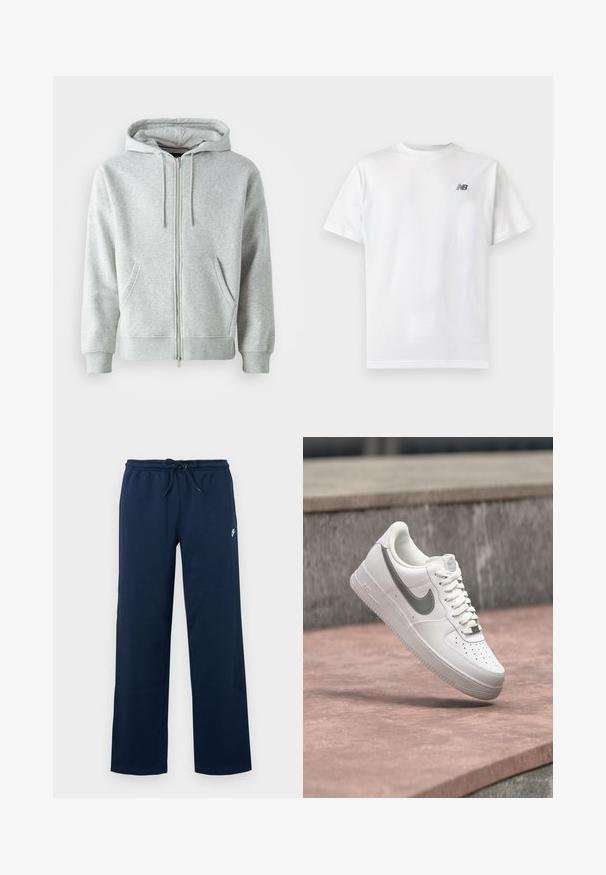 Grå zip-up hættetrøje med snørebånd i hætten, der har sidelommer, ribbede manchetter og et diskret logo på brystet. Blød stoftekstur.; Hvid t-shirt med korte ærmer og rund halsudskæring med et lille sort New Balance-logo på øverste venstre bryst på en ensartet lys baggrund.; Mørkeblå joggingbukser med elastisk taljebånd og snøre. Har en lille hvid logo på venstre hofte. Lavet af blødt stof.; Hvid Nike Air Force 1 sneaker med gråt swoosh-logo svævende over en stensurface og en grå stenvæg i baggrunden.