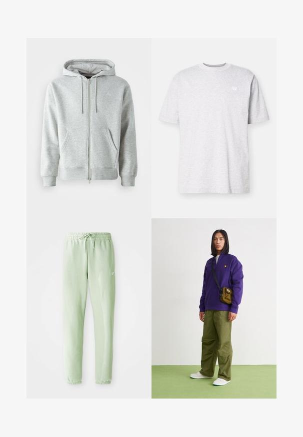 Sudadera con cremallera gris, con capucha ajustable, que cuenta con bolsillos laterales, puños acanalados y un logo sutil en el pecho. Textura de tela suave.; Camiseta de algodón gris claro con mangas cortas, cuello redondo y un pequeño logo blanco en el lado izquierdo del pecho. Textura suave, corte casual.; Pantalones de chándal verde claro, hechos de algodón suave, con cintura elástica y cordón, piernas ajustadas y puños gather.; Jordan AIR JORDAN 1 ZM CMFT 2 - Zapatillas altas - summit white/bicoastal/oxidized green