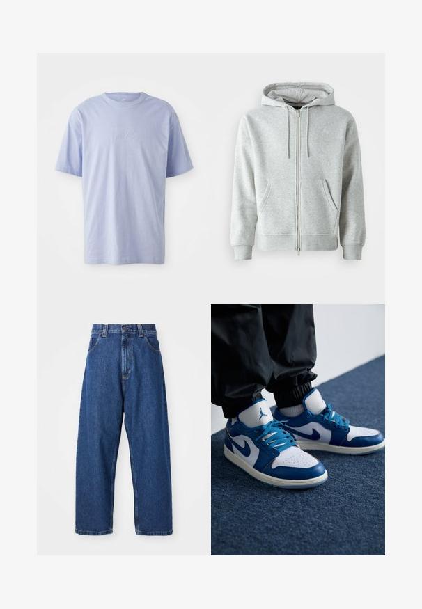 Grå zip-up hættetrøje med snørebånd i hætten, der har sidelommer, ribbede manchetter og et diskret logo på brystet. Blød stoftekstur.; Lysblå bomulds T-shirt med rund halsudskæring og korte ærmer. Har et præget "nike" logo i midten foran. Blød tekstur.; Denimwide-leg jeans i mørkeblå. Har høj talje, bæltestropper og klassisk fem-lommers design. Syet kant med en ren finish.; Nike Air Jordan sneakers har en hvid læderbase med blå syntetiske detaljer, en perforeret tåboks og blå snørebånd.