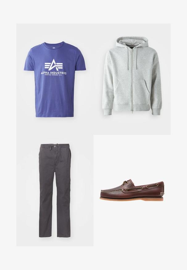 Sudadera con cremallera gris, con capucha ajustable, que cuenta con bolsillos laterales, puños acanalados y un logo sutil en el pecho. Textura de tela suave.; Camiseta de algodón morada de manga corta, que presenta un logo blanco que incluye "ALPHA INDUSTRIES" y un diseño geométrico.; Pantalones grises, ligeros, con un corte relajado, cintura elástica con cordón, bolsillos laterales y una textura suave y lisa.; Zapato náutico de cuero marrón con costuras blancas, detalles de cordones y suela de goma color coñac, mostrado de lado sobre un fondo blanco.