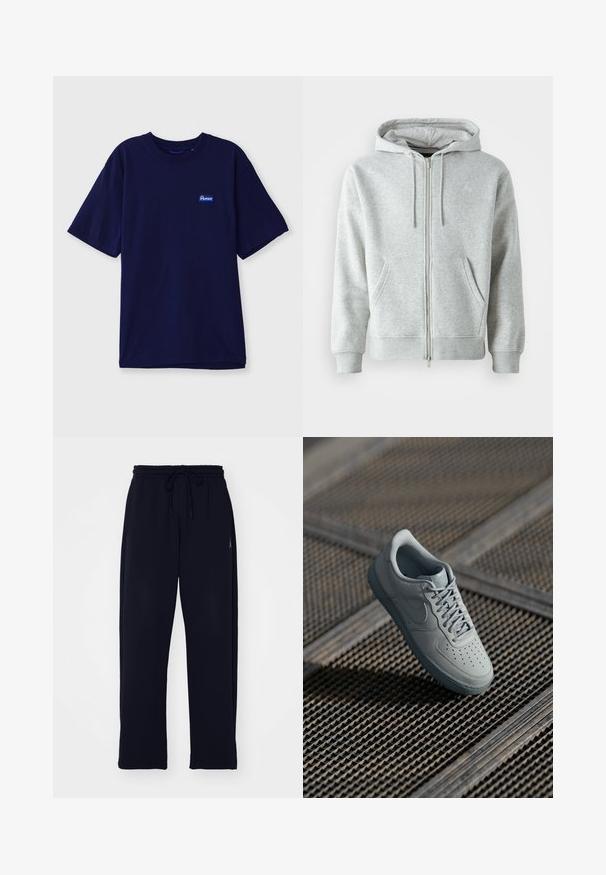 Grå zip-up hættetrøje med snørebånd i hætten, der har sidelommer, ribbede manchetter og et diskret logo på brystet. Blød stoftekstur.; Marineblå bomulds-t-shirt med rund hals, korte ærmer og et lille rektangulært mærke i blå og hvid på venstre bryst.; Sorte sweatpants lavet af blødt materiale. Har en elastisk talje med snoretræk og sidelommer. Lige ben design.; Grå lædersneaker med perforeret tå, flade snørebånd, polstret krave og struktureret gummisål. Har en subtil brandingdetalje.