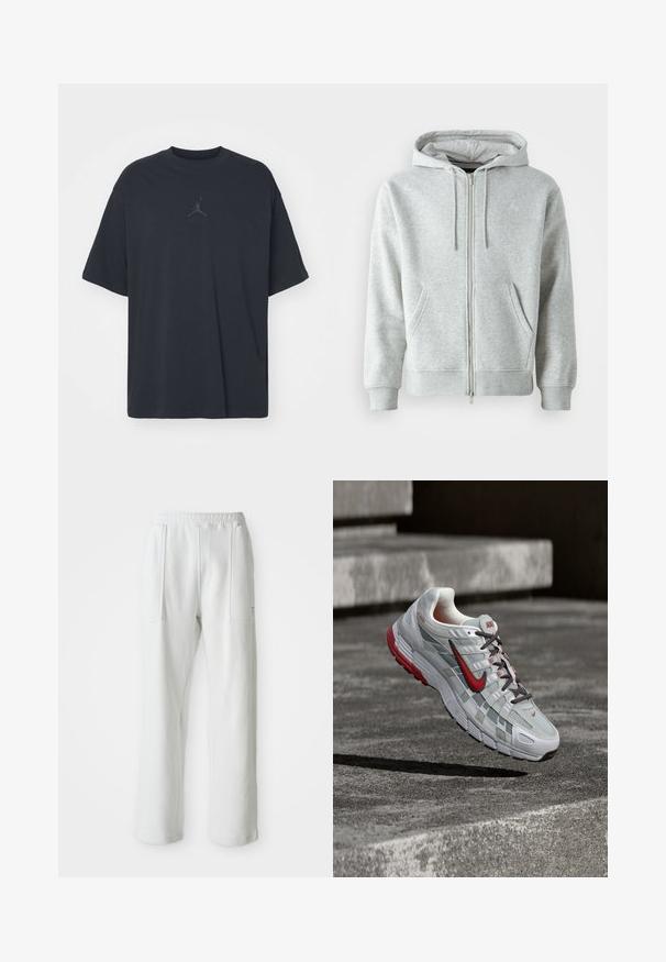 Grå zip-up hættetrøje med snørebånd i hætten, der har sidelommer, ribbede manchetter og et diskret logo på brystet. Blød stoftekstur.; Sort bomuld T-shirt med løs pasform, rund hals, korte ærmer, med et diskret logo og teksten "AIR" over logoet i centrum.; Hvide afslappede bukser med en elastisk talje og store forreste lommer, vist på en ensfarvet lys baggrund.; Hvid og grå Nike løbesko med røde accenter og sorte snørebånd, ophængt over grå beton-trin.