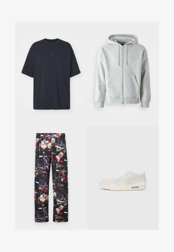 Grå zip-up hættetrøje med snørebånd i hætten, der har sidelommer, ribbede manchetter og et diskret logo på brystet. Blød stoftekstur.; Sort bomuld T-shirt med løs pasform, rund hals, korte ærmer, med et diskret logo og teksten "AIR" over logoet i centrum.; Sorte bukser med en collage af basketballbilleder, primært med en spiller iført rød trøje. Glat stof med kontrasterende levende grafik.; Sko med en lys beige syntetisk overdækning, hvide snørebånd og synlig dæmpning. Har en glat sål og subtile sideaksenter.