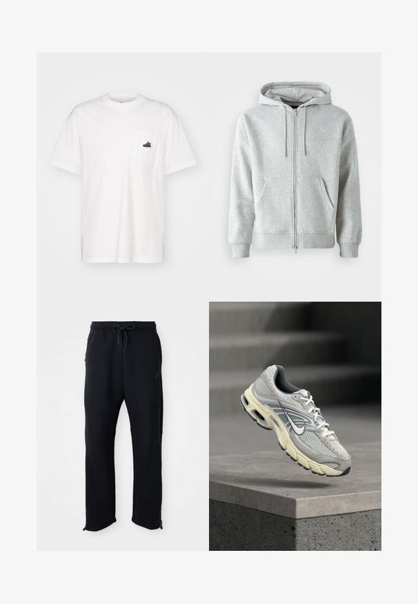 Sudadera con cremallera gris, con capucha ajustable, que cuenta con bolsillos laterales, puños acanalados y un logo sutil en el pecho. Textura de tela suave.; Camiseta de algodón blanca, con cuello redondo, mangas cortas, presenta un bolsillo en el pecho izquierdo con un pequeño detalle del logo en negro. Diseño simple y sin adornos.; Pantalones deportivos negros con cinturilla elástica y cordón, con bolsillos laterales, piernas ajustadas y cremalleras en los tobillos. Textura suave.; Zapatilla de correr Nike gris y blanca con suela acolchada suspendida sobre un escalón de concreto en un entorno al aire libre.