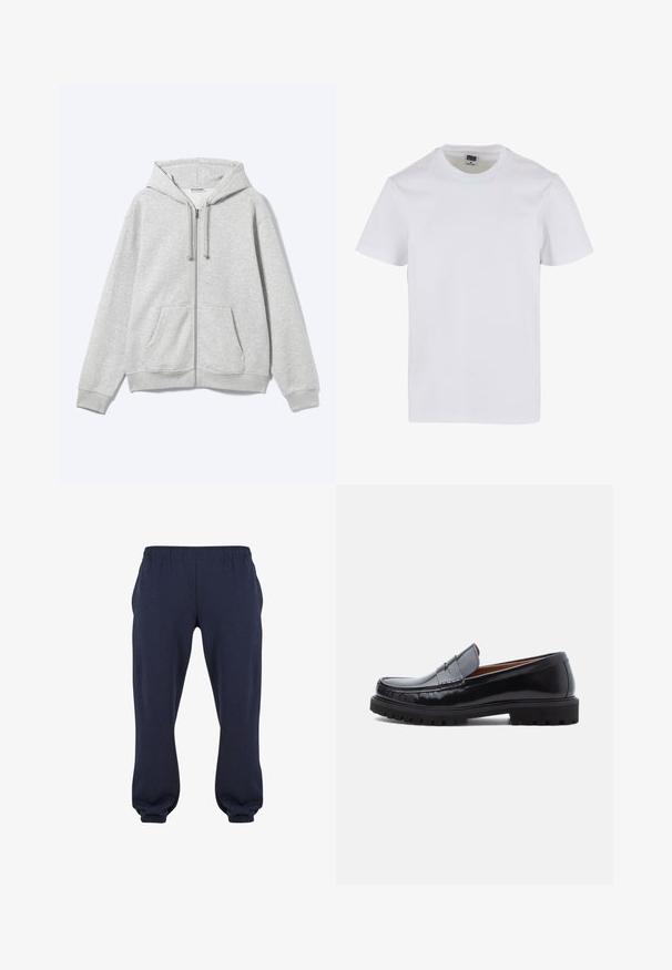 Sudadera con capucha gris claro con cremallera, cordones y bolsillos frontales, extendida en un fondo claro.; Camiseta de algodón blanca con cuello redondo, mangas cortas y un corte holgado. Textura suave sin patrones ni acentos visibles.; Pantalones sudadera azul marino con cintura elástica y puños ajustados, confeccionados en tela suave, sin patrones ni herrajes visibles.; Mocasines de penny de cuero negro con suela de goma gruesa y costura tipo moc, presentados de perfil sobre un fondo blanco.