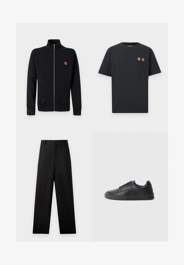 Schwarze Zip-Up-Sweatjacke aus weichem Material, mit hohem Kragen und einem kleinen gestickten Fuchsdesign auf der linken Seite.; Schwarzes T-Shirt mit kurzen Ärmeln und kleinen bestickten Wolf- und Fuchsköpfen auf der linken Brustseite.; Schwarze Baumwollhosen mit geradem Bein, ausgestattet mit einem vorderen Knopfverschluss und Seiten Taschen. Glatte Textur, keine Muster.; Schwarze Leder-Sneaker mit glatter Oberfläche, abgerundeter Zehenpartie, strukturiertem Seitenpaneel und schwarzen Schnürsenkeln. Verfügt über eine flache Gummisohle und ein minimalistisches Design.