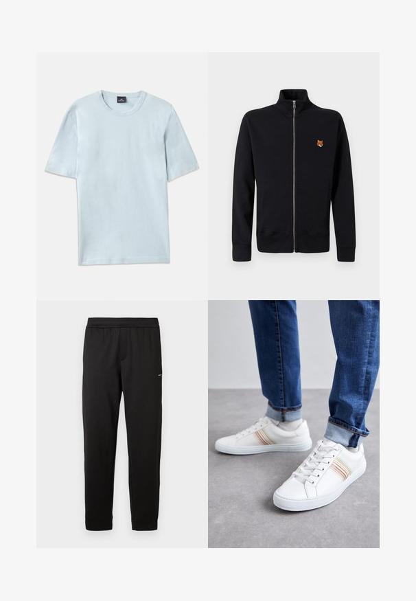 Sort zip-up sweatshirt i blødt stof, med høj krave og et lille broderet rævdesign på venstre side.; Lys blå bomuld t-shirt med rund hals og korte ærmer. Stoffet har en glat overflade og en afslappet pasform.; Sorte atletikbukser lavet af blødt stof. Elastisk linning og manchetter. Har en lille logo på siden. Design med lige ben.; Hvide lædersneakers med multicolore striber, snørebåndsdesign, gummisål og polstret krave, parret med blå denimjeans.