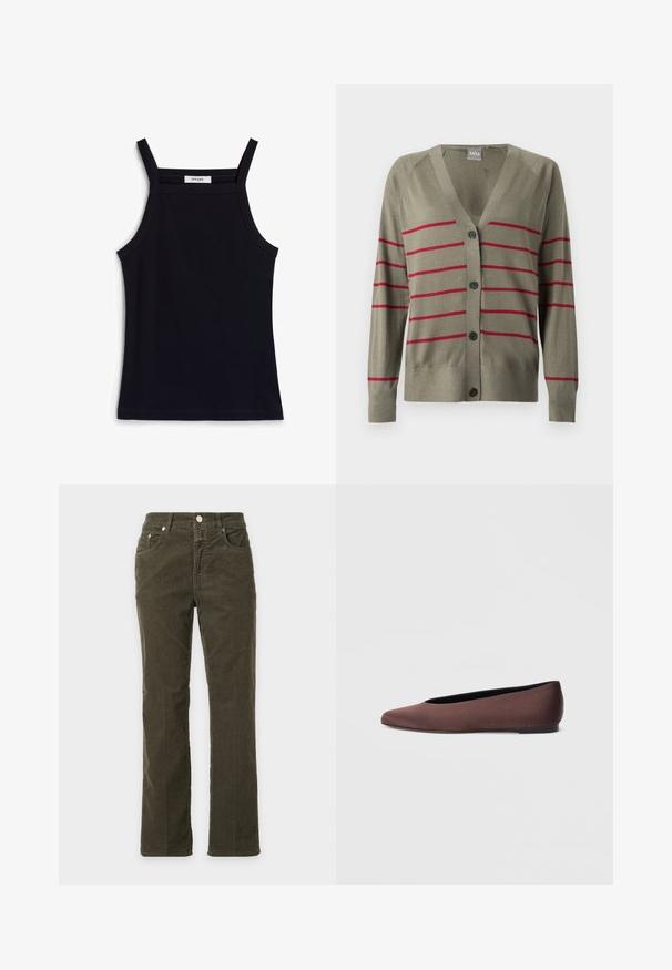 Olijfgroene cardigan met V-hals, knoopsluiting en rode horizontale strepen. Voorzien van lange mouwen en geribbelde manchetten. Zachte textuur.; Zwarte geribbelde tanktop met smalle schouderbandjes, met een ronde halslijn en rechte zoom. Etiket leest "IVY OAK."; Donkergroen olijfgroene corduroy recht gesneden broek met voorzakken en knoopsluiting, getoond tegen een lichtgrijze achtergrond.; Bruine stoffen balletschoenen met een puntige neus en een gladde textuur, voorzien van een lage achterkant en een dunne zwarte zool. Geen zichtbare patronen of metalen onderdelen.