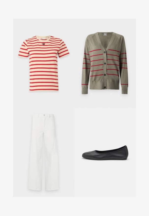 Cardigan vert olive avec col en V, fermeture à boutons et rayures horizontales rouges. Comprend des manches longues et des poignets côtelés. Texture douce.; T-shirt beige à manches courtes avec des rayures rouges horizontales et un petit patch logo noir et blanc centré sous le col.; Jean blanc à taille haute et jambes larges, avec poches avant, passants de ceinture et fermeture par bouton, présenté sur un fond uni.; Ballerines en cuir noir avec un bout rond, texture lisse, détails de couture minimalistes et design de semelle flexible.