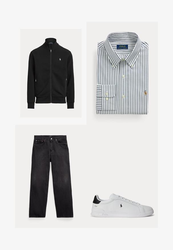 Čierna bunda na zips s stojatým golierom, dvoma vreckami na zips a malým bielym logom Polo Ralph Lauren na ľavej strane hrudníka.; Zložená biela košeľa s námorníckymi zvislými pruhmi, golier s gombíkmi a vyšívané logo Polo Ralph Lauren na hrudi.; Čierne rifle s rovnými nohavicami, piatimi vreckami, zapínaním na gombíky a viditeľnými kovovými nitmi na predných vreckách.; Biela nízka teniska s čiernou pätovou pätkou, šnúrkami a logom Polo Ralph Lauren na boku, so zvýraznenými detailmi na podrážke.