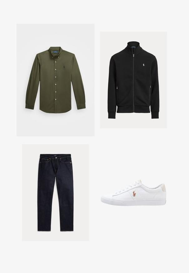 Black zip-up jacket with stand collar, two zip pockets, and small white Polo Ralph Lauren logo on the left chest.; Long-sleeve, button-down shirt in olive green cotton. Features a small embroidered logo on the chest, standard collar, and button accents.; Dark indigo straight-leg jeans with five pockets, button and zipper closure, and contrasting orange stitching on a plain background.; White canvas sneaker with a low-top design, featuring a beige heel tab and a small embroidered logo on the side. Rubber sole.