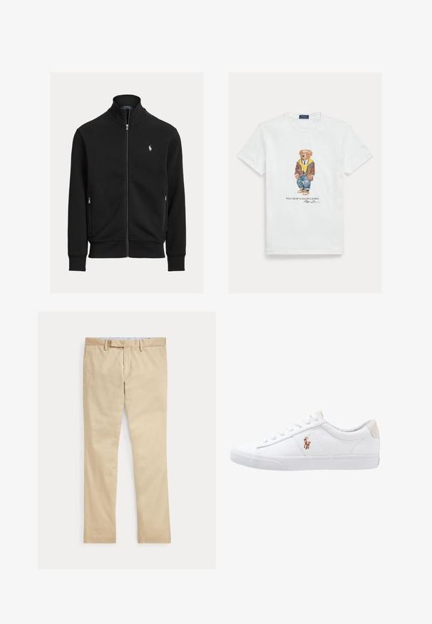 Čierna bunda na zips s stojatým golierom, dvoma vreckami na zips a malým bielym logom Polo Ralph Lauren na ľavej strane hrudníka.; Biele bavlnené tričko s grafikou oblečeného kresleného medveďa. Výrazné detaily zahŕňajú hnedú bundu, žltú mikinu s kapucňou a modré džínsy.; Béžové nohavice s rovnými nohavicami, s pútkami na opasok a predným zipsom, položené na bielom pozadí.; Biele plátenné tenisky s nízkym strihom, ktoré majú béžový opasok na päte a malé vyšívané logo na boku. Gumová podrážka.
