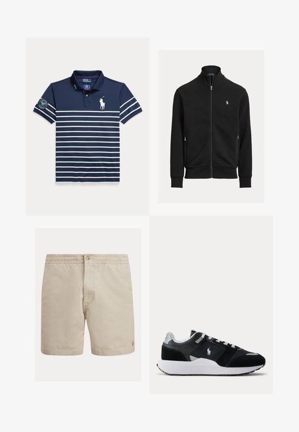 Schwarze Zip-Up-Jacke mit Stehkragen, zwei Reißverschlusstaschen und kleinem weißen Polo Ralph Lauren Logo auf der linken Brust.; Marineblaues Poloshirt mit weißen horizontalen Streifen, Ralph Lauren-Logo, Wimbledon-Patch am Ärmel und "2024" auf dem Kragen gedruckt.; Beige Shorts aus Baumwolle mit einem elastischen Bund, Knopfverschluss und einem dezenten Logo-Akzent. Glatte Textur, gerader Schnitt und maßgeschneidertes Design.; Schwarz-weißer Low-Top-Sneaker mit strukturierten Panels, Schnürsenkeln und weißer Zwischensohle, mit einem Polo-Spieler-Logo an der Seite.