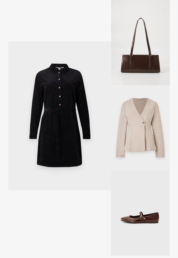 Beige Jacke aus Wollmischung mit V-Ausschnitt, langen Ärmeln und einem einzelnen Knopfverschluss. Sie verfügt über taillierte Nähte und einen ausgestellten Saum.; Schwarzes Cordkleid mit durchgehender Knopfleiste, langen Ärmeln und einem Bindegürtel in der Taille. Verfügt über einen klassischen Kragen und seitliche Taschen.; Braune Lackleder-Ballerinas mit quadratischer Zehenform und Riemen mit einer kleinen goldenen Schnalle. Glatte Textur, niedriger Absatz und minimalistisches Design.; Braune Lackleder-Handtasche in rechteckiger Form, mit zwei langen Griffen und subtilen, geschwungenen Akzenten auf der Vorderseite.