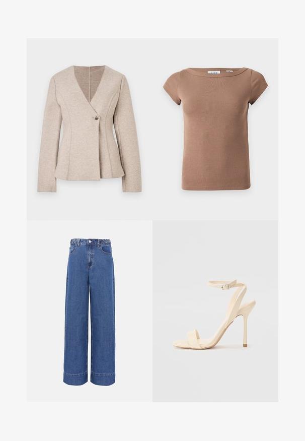 Beige uldblandet jakke med V-hals, lange ærmer og enkelt knaplukning. Den har skræddersyede sømme og en skørt med vidde.; Brun, ribbet kortærmet top med bådudskæring. Blødt, strækbart stof med en tætsiddende silhuet og minimalistisk design. Ingen synlige logoer.; Blå denim jeans med vide ben, flettet linning, knap foran og lommer, vist på ensfarvet baggrund.; Beige højhælede sandaler med en slank ankelrem og firkantet tå. Glat syntetisk materiale, minimalistisk design og stiletto-hæl.