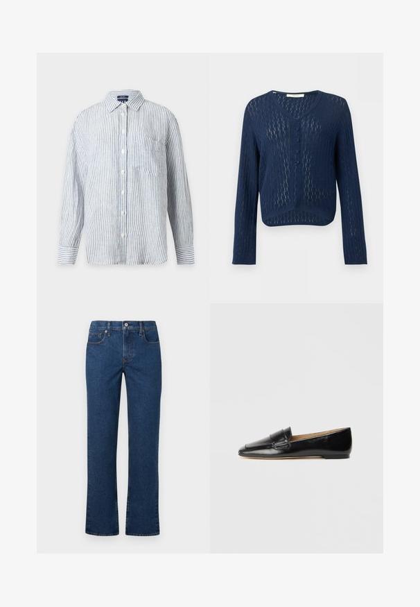 Cardigan en tricot bleu marine à manches longues, col en V, devant boutonné, motif texturé transparent, coupe courte.; Chemise à manches longues boutonnée avec des rayures verticales blanches et bleu clair, une poche poitrine avant et un col classique.; Jean droit bleu foncé avec fermeture à bouton et zip, poches avant et poche à monnaie, ainsi que passants de ceinture, présentés à plat sur un fond blanc.; Mocassin noir en cuir avec une forme effilée, texture lisse et une sangle décorative à travers le dessus. Semelle plate sans matériel visible.