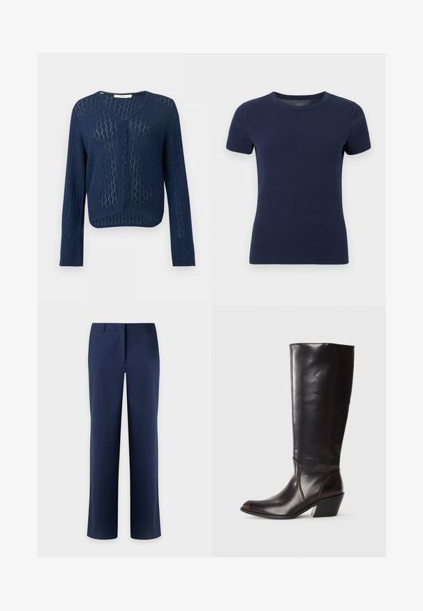 Marineblauwe gebreide cardigan met lange mouwen, V-hals, knoopsluiting aan de voorkant en doorzichtig gestructureerd patroon, cropped fit.; Marineblauw geribd gebreid T-shirt met korte mouwen, ronde hals en aansluitende pasvorm op een witte achtergrond.; Donkerblauwe broek met rechte pijpen, riemlussen en een verborgen voorstuksluiting, getoond tegen een lichte achtergrond.; Knielange, donkerbruine leren laars met een spitse neus, hoekige blokhak en een gladde, glanzende textuur. Heeft een strak ontwerp en stikdetails.