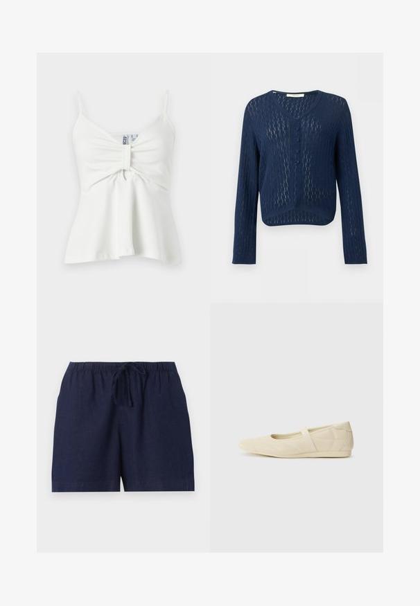 Cardigan en tricot bleu marine à manches longues, col en V, devant boutonné, motif texturé transparent, coupe courte.; Camisole blanche sans manches avec fines bretelles, devant central froncé avec détail en boucle de tissu et ourlet légèrement évasé.; Shorts décontractés bleu marine avec taille élastique et cordon réglable, fabriqués en tissu léger.; Ballerines beiges avec une exterior en cuir lisse, un bout en forme d'amande et une sangle élastique sur le coup de pied, avec des détails de couture subtils.